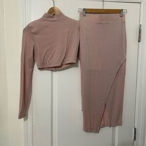 JLUXLABEL Shimmery Dusty Pink Wrap Midi Skirt set
